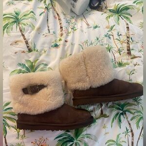 UGG Brown Suede and Cream Shearling Buckle Detail